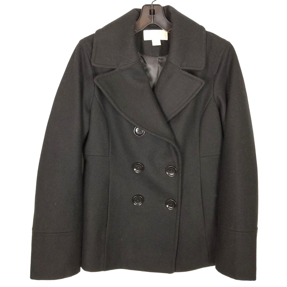 Michael Kors Women Wool Blend Double Breasted Pea Coat Sz M Black Office